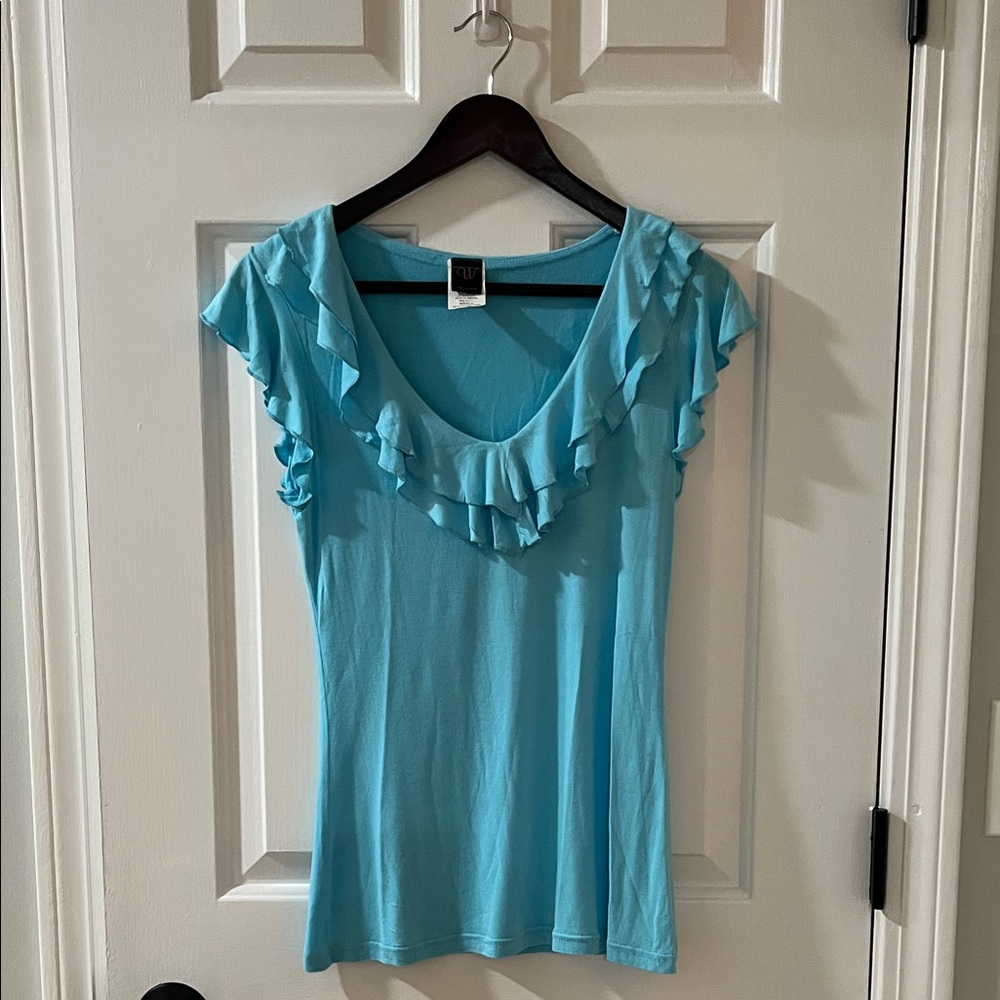 Wrapper Aqua Ruffle V-Neck Blouse - image 1